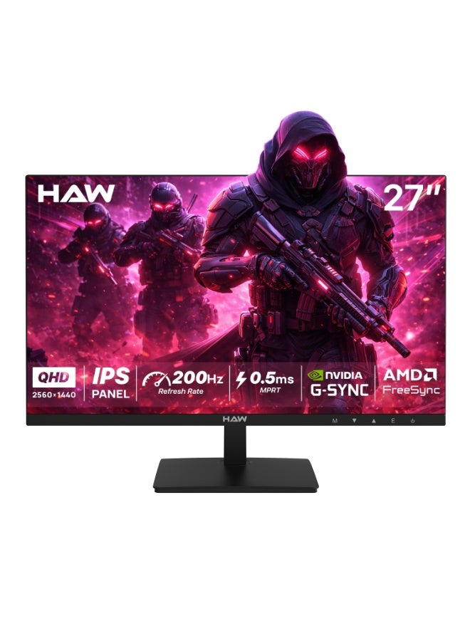 HAW Q27IPY1 27-Inch QHD Gaming Monitor, 2560×1440 IPS Display, 200Hz Refresh Rate, 0.5ms MPRT, HDMI 2.1 Supported, FreeSync & G-Sync Compatible, Built-in Speakers, Flat Screen, PC & Console Ready – Black
